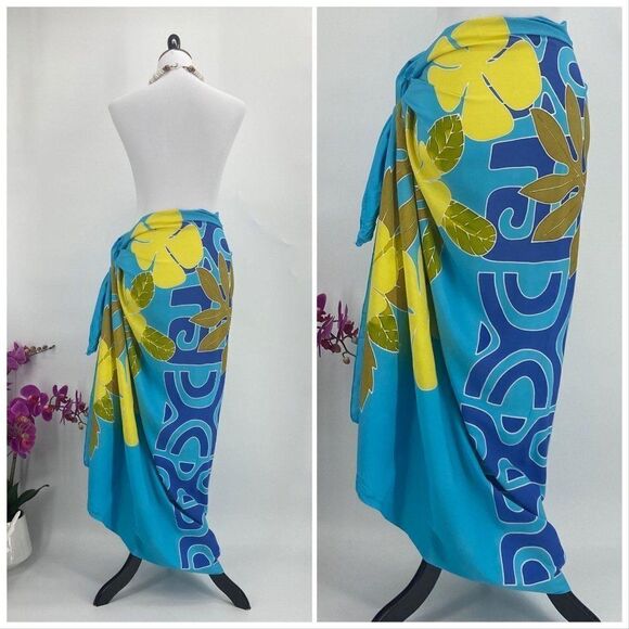 Blue/Yellow/Tan Floral Geometric SARONG Pareo Lavalava Beach Skirt Summer Scarf - Picture 1 of 7
